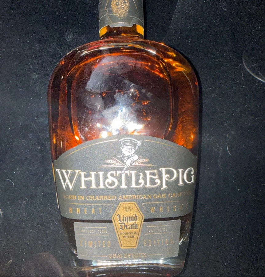 whistlepig limited edition proof with liquid death, mountain water